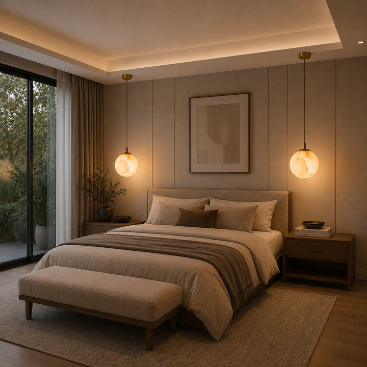 Modern Alabaster Globe Pendant Light Adjustable Ceiling Mount Integrated LED Soft Glow