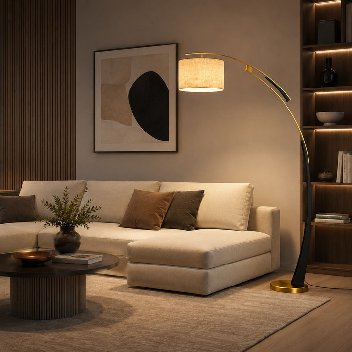 Modern Arc Floor Lamp Adjustable Iron Body Soft Fabric Shade USB Powered Light