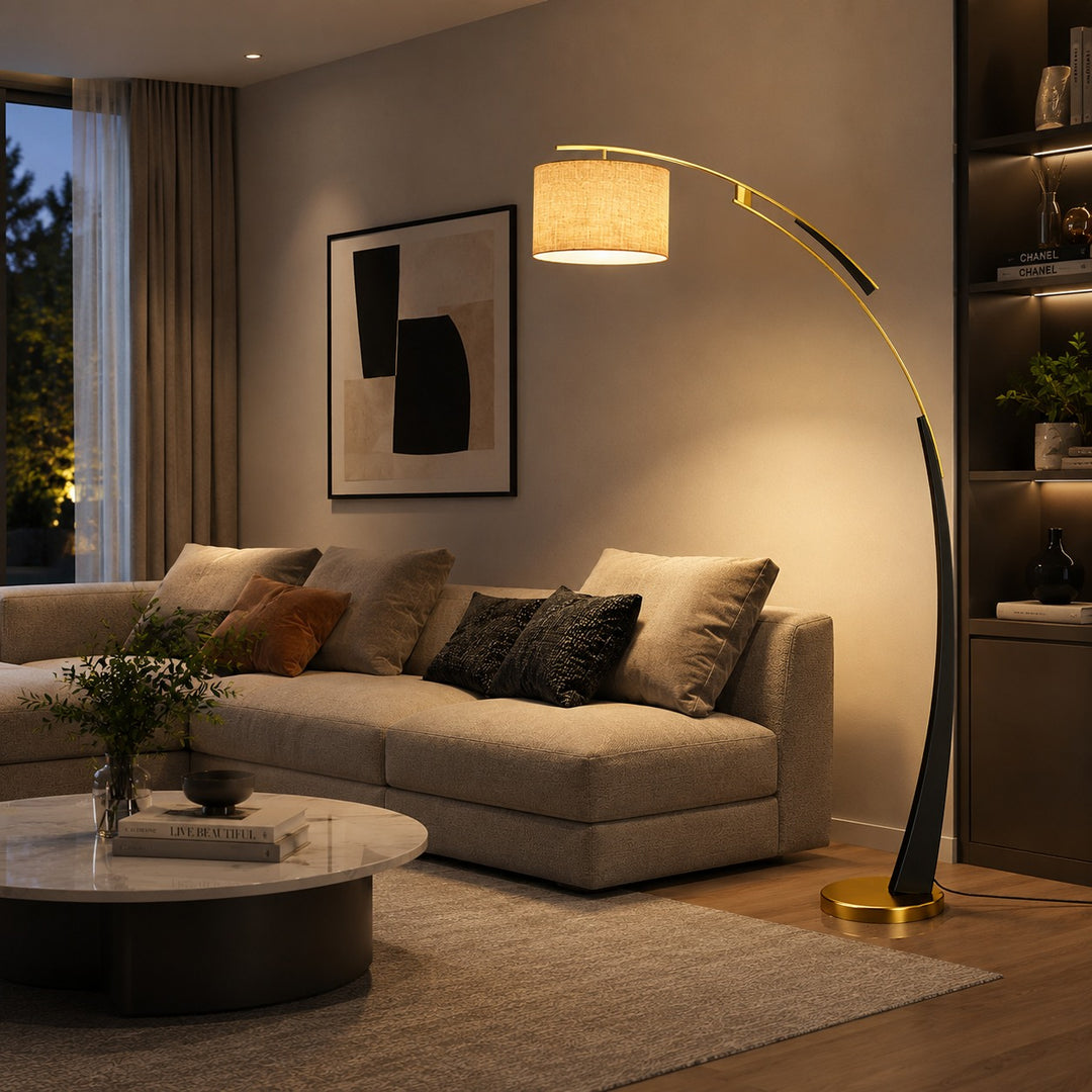 Modern Arc Floor Lamp Adjustable Iron Body Soft Fabric Shade USB Powered Light
