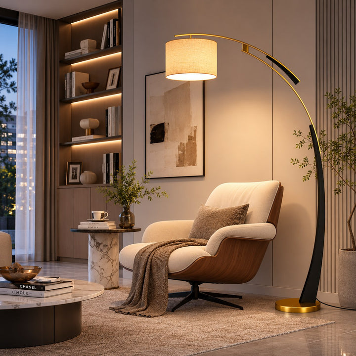 Modern Arc Floor Lamp Adjustable Iron Body Soft Fabric Shade USB Powered Light
