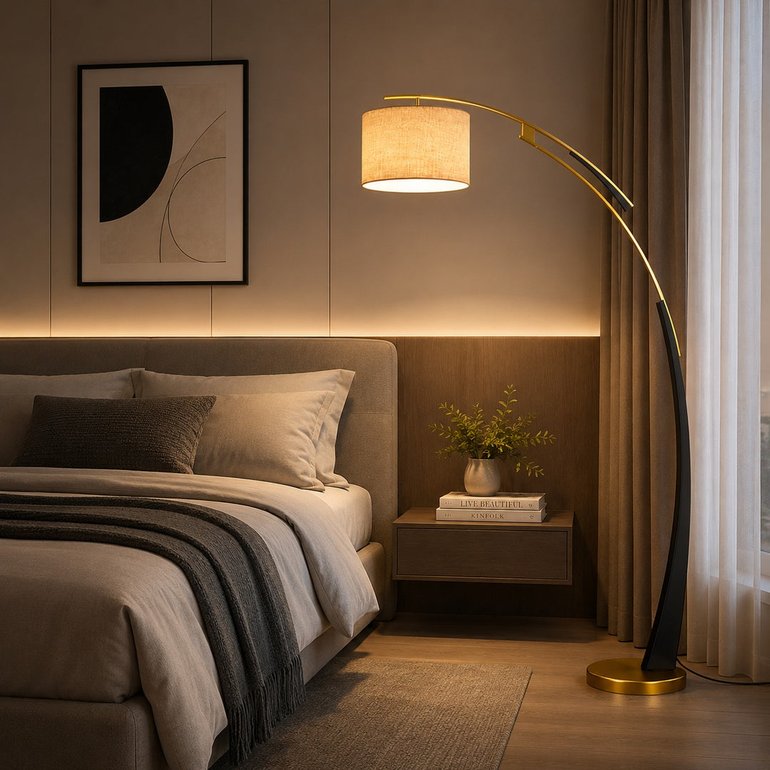 Modern Arc Floor Lamp Adjustable Iron Body Soft Fabric Shade USB Powered Light