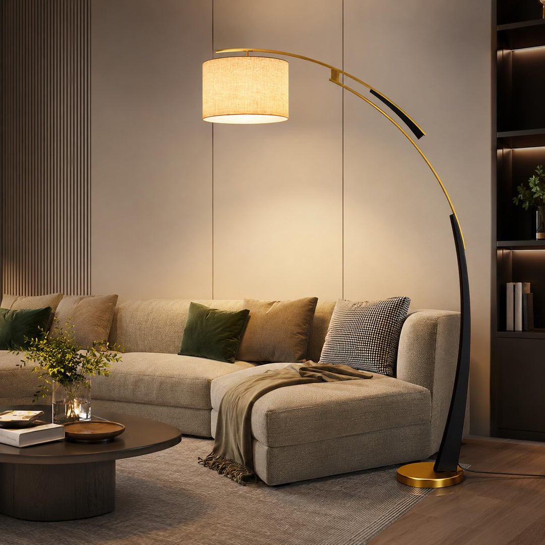 Modern Arc Floor Lamp Adjustable Iron Body Soft Fabric Shade USB Powered Light