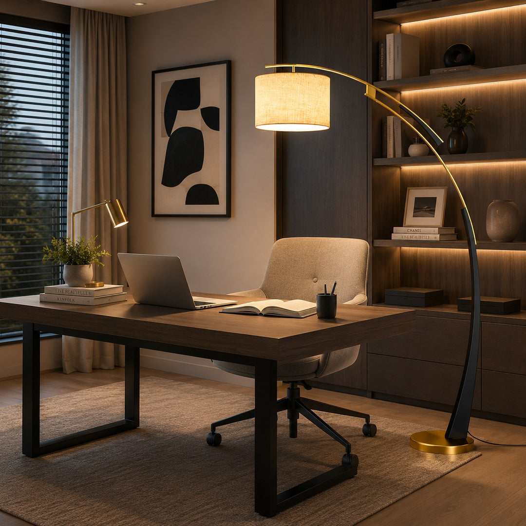 Modern Arc Floor Lamp Adjustable Iron Body Soft Fabric Shade USB Powered Light