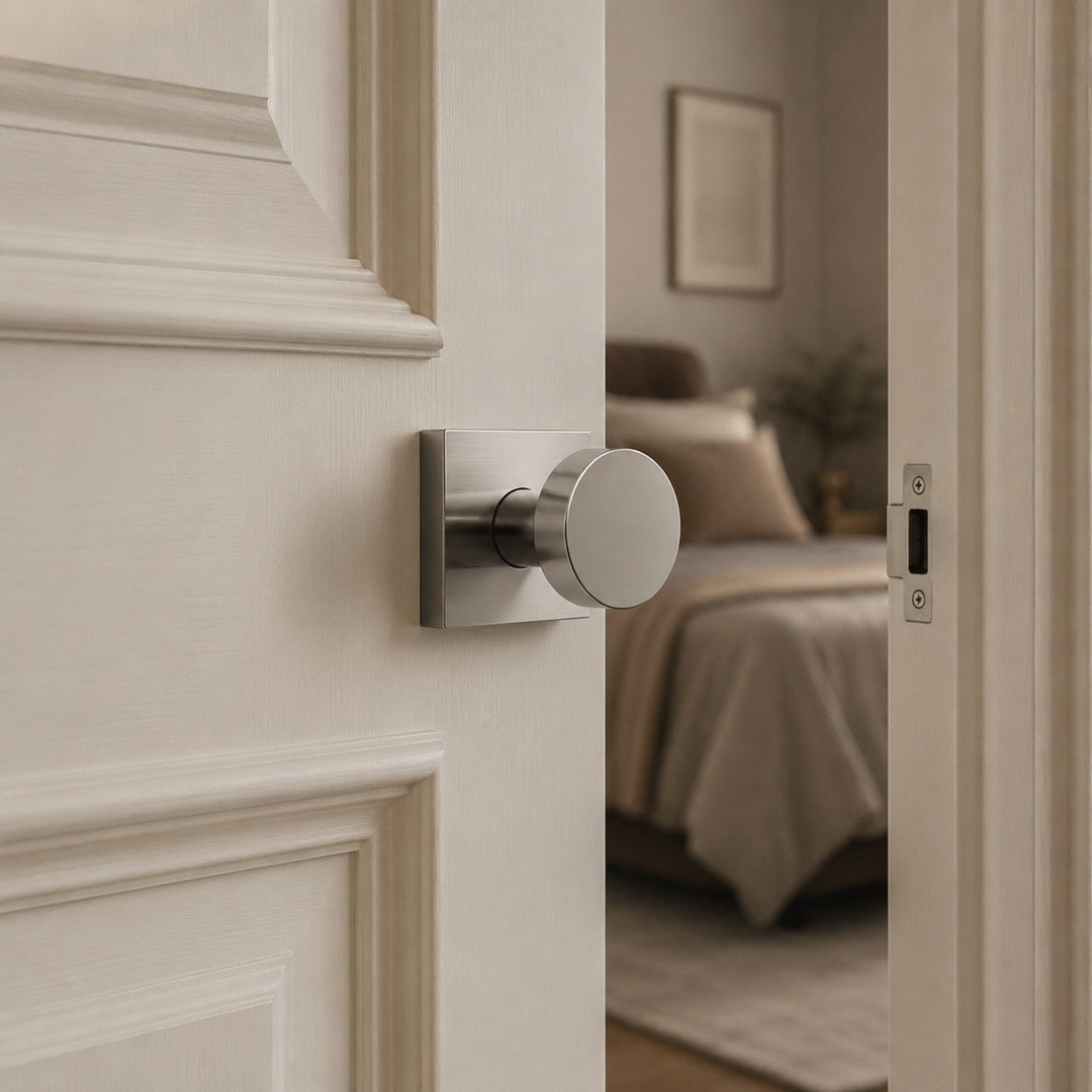 Modern Black Door Handle Set Square Base Round Knob Zinc Alloy Privacy Passage Function