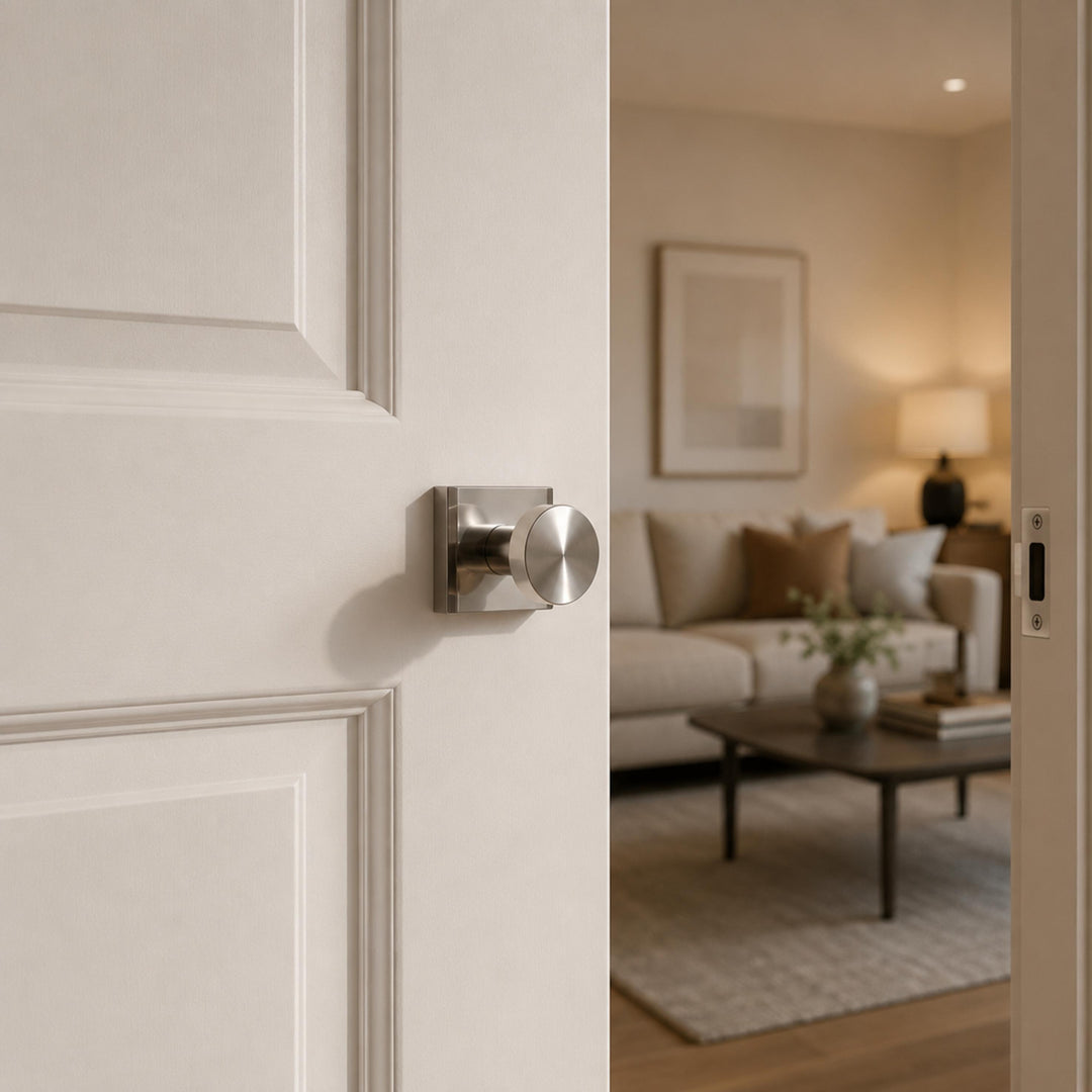 Modern Black Door Handle Set Square Base Round Knob Zinc Alloy Privacy Passage Function