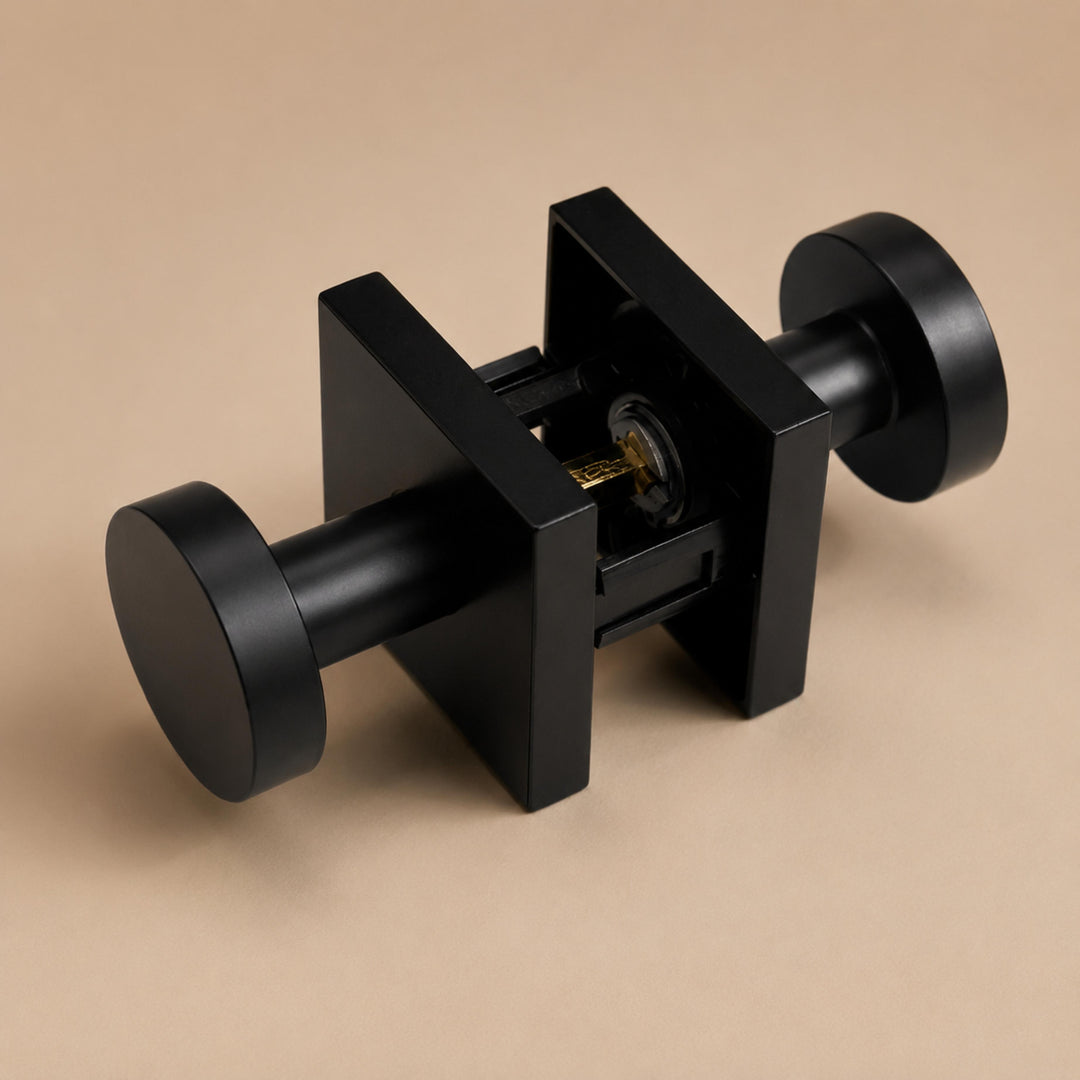 Modern Black Door Handle Set Square Base Round Knob Zinc Alloy Privacy Passage Function