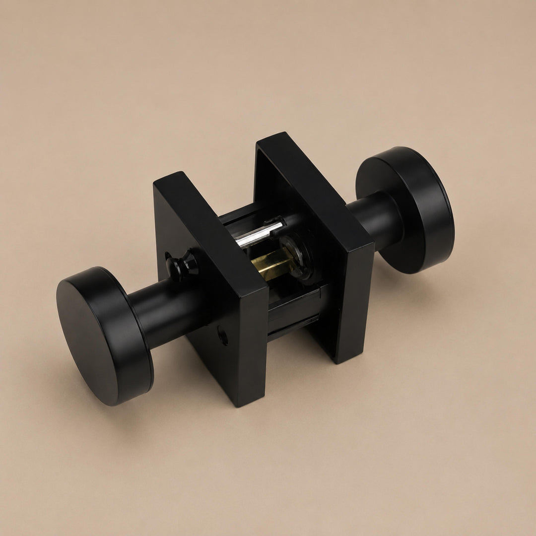 Modern Black Door Handle Set Square Base Round Knob Zinc Alloy Privacy Passage Function