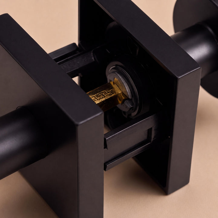 Modern Black Door Handle Set Square Base Round Knob Zinc Alloy Privacy Passage Function