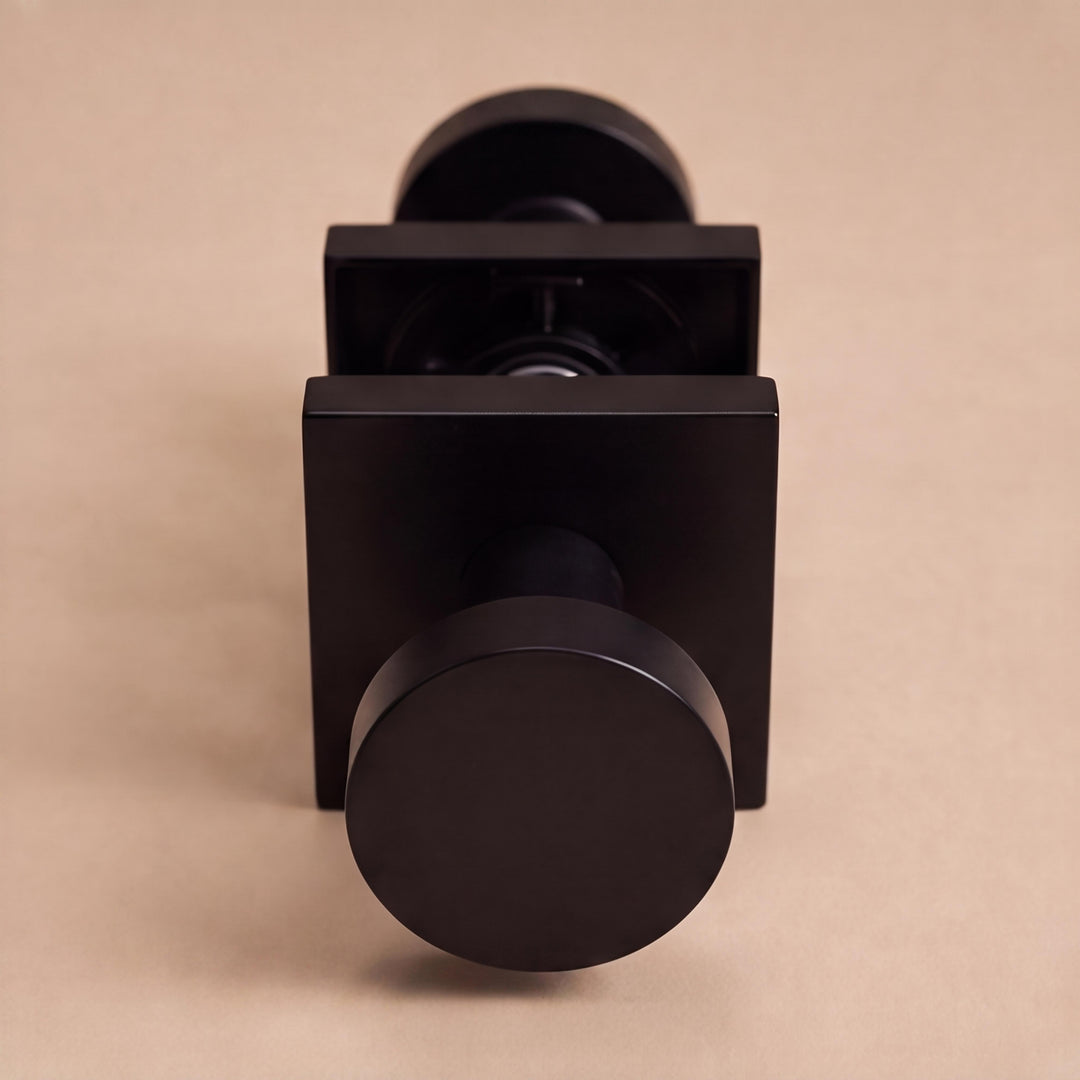 Modern Black Door Handle Set Square Base Round Knob Zinc Alloy Privacy Passage Function