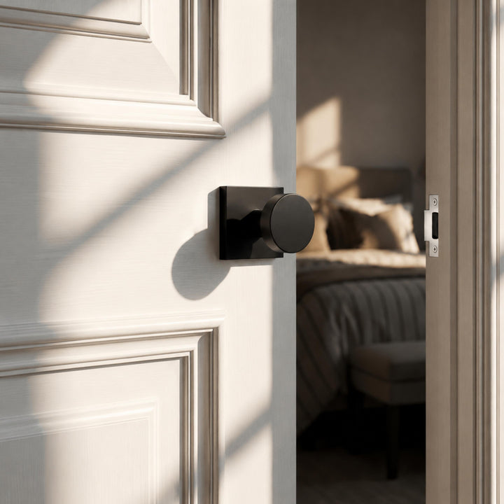 Modern Black Door Handle Set Square Base Round Knob Zinc Alloy Privacy Passage Function