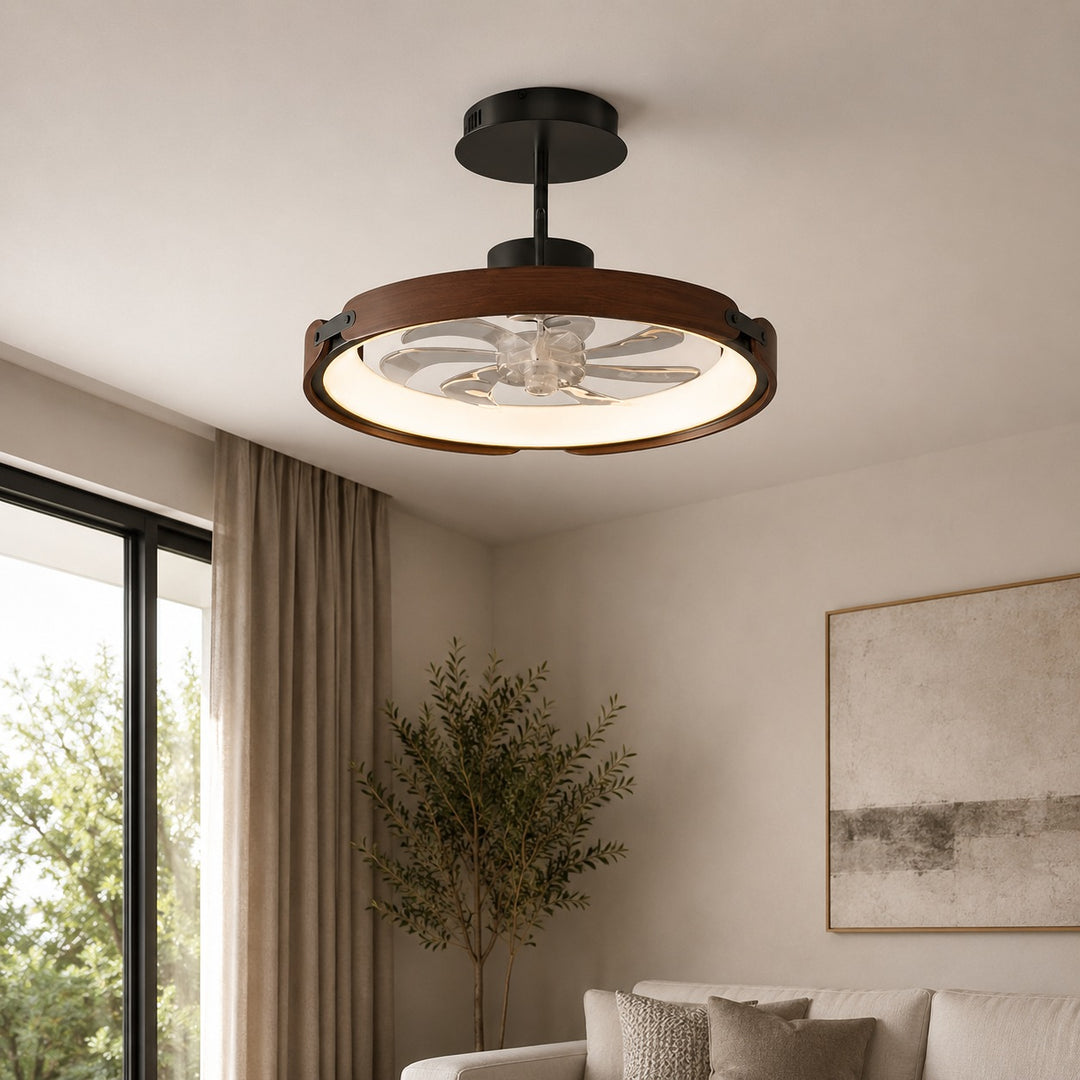 Modern Bladeless Ceiling Fan with LED Light Wood and Acrylic Flush Mount 3 Step Dimming App Control
