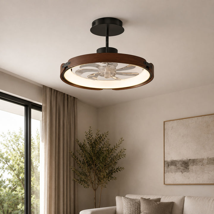 Modern Bladeless Ceiling Fan with LED Light Wood and Acrylic Flush Mount 3 Step Dimming App Control