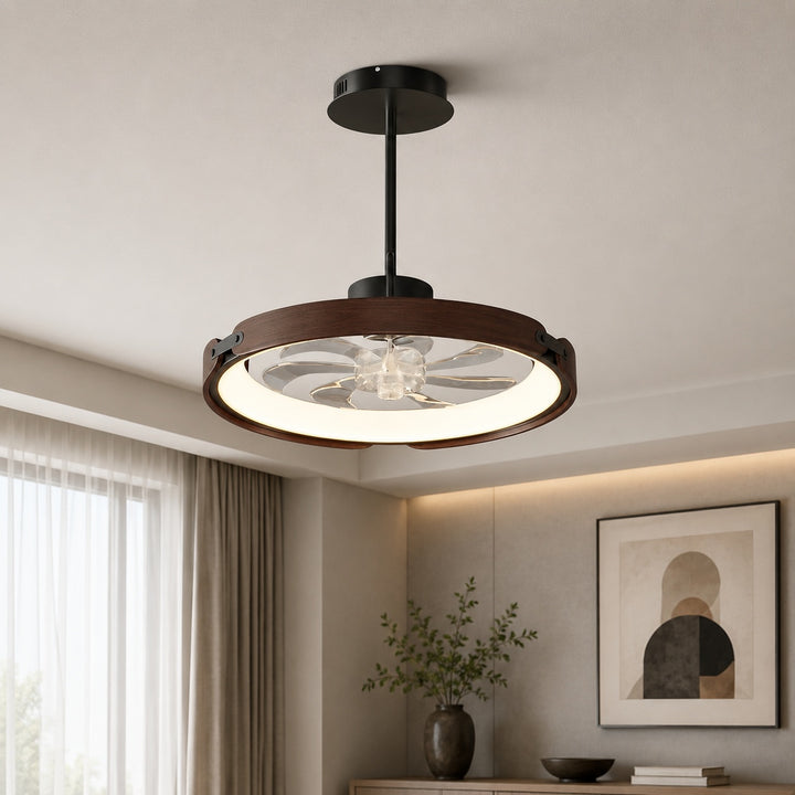 Modern Bladeless Ceiling Fan with LED Light Wood and Acrylic Flush Mount 3 Step Dimming App Control