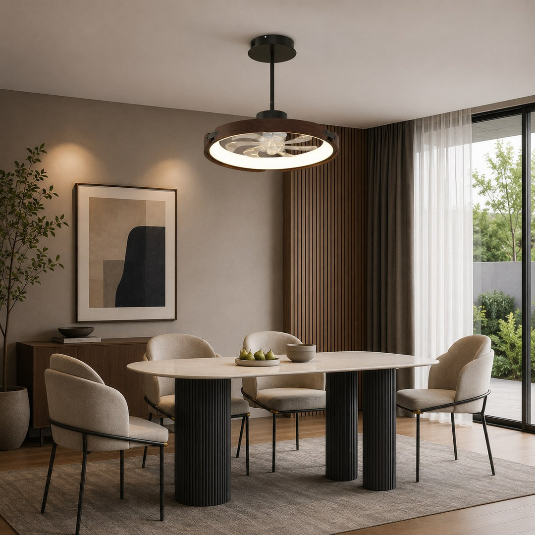 Modern Bladeless Ceiling Fan with LED Light Wood and Acrylic Flush Mount 3 Step Dimming App Control