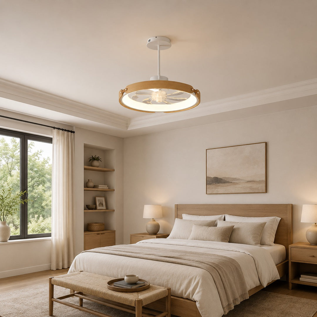 Modern Bladeless Ceiling Fan with LED Light Wood and Acrylic Flush Mount 3 Step Dimming App Control