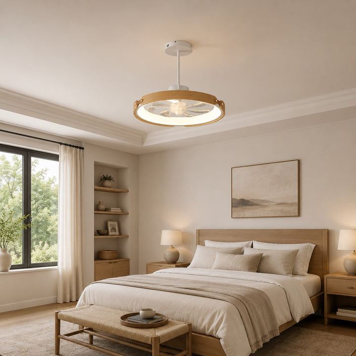 Modern Bladeless Ceiling Fan with LED Light Wood and Acrylic Flush Mount 3 Step Dimming App Control