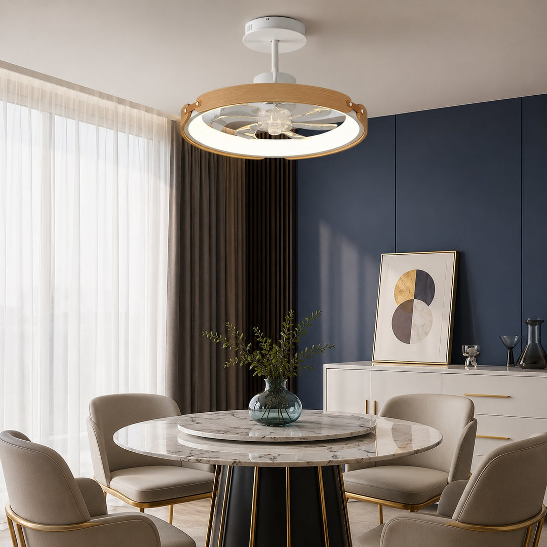 Modern Bladeless Ceiling Fan with LED Light Wood and Acrylic Flush Mount 3 Step Dimming App Control
