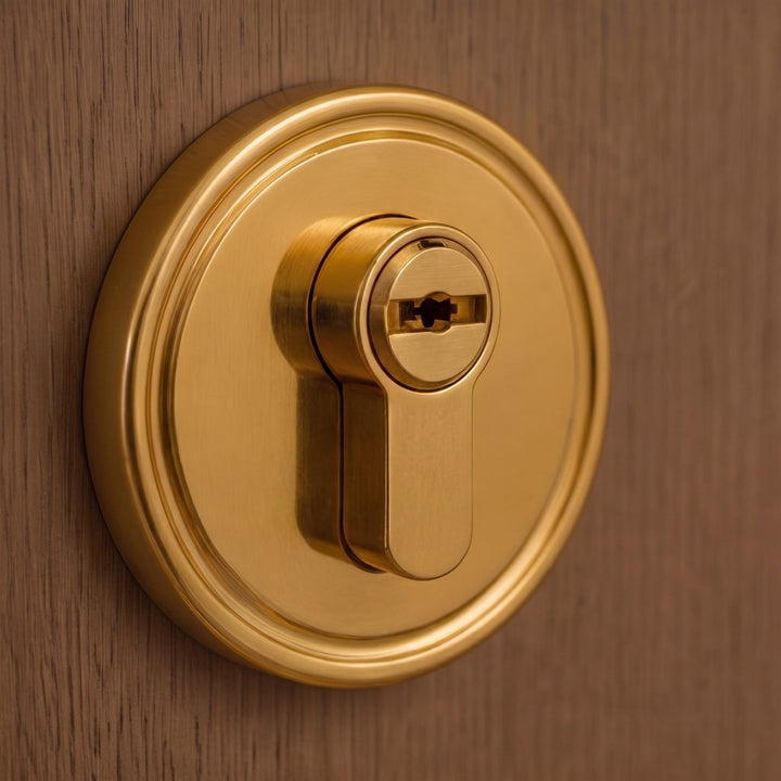 Modern Brass Door Handle Set with Circular Knob and Wood-Inspired Finish for Contemporary Interiors