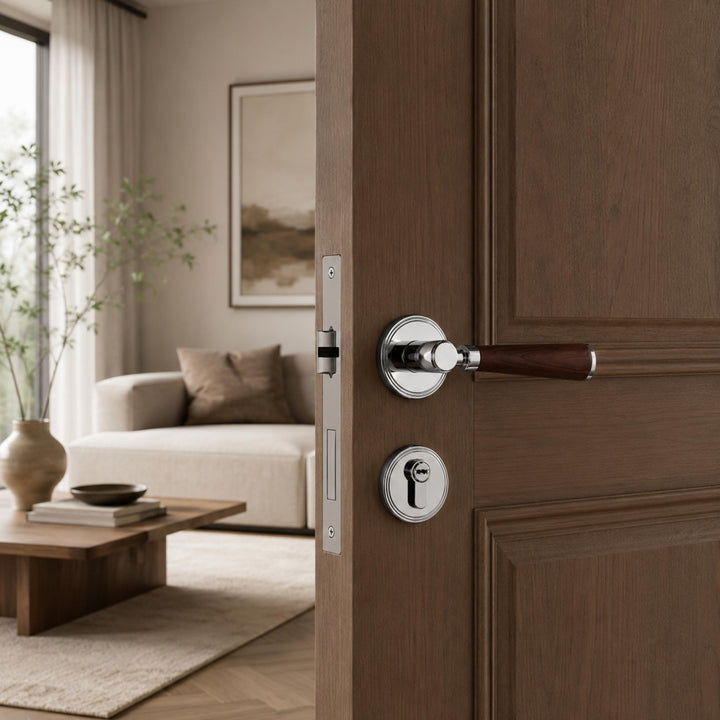 Modern Brass Door Handle Set with Circular Knob and Wood-Inspired Finish for Contemporary Interiors