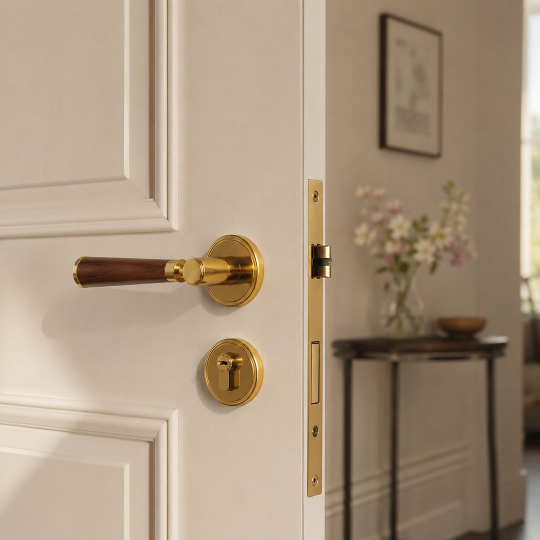Modern Brass Door Handle Set with Circular Knob and Wood-Inspired Finish for Contemporary Interiors