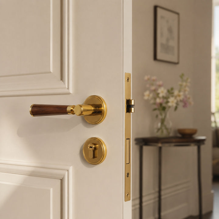 Modern Brass Door Handle Set with Circular Knob and Wood-Inspired Finish for Contemporary Interiors