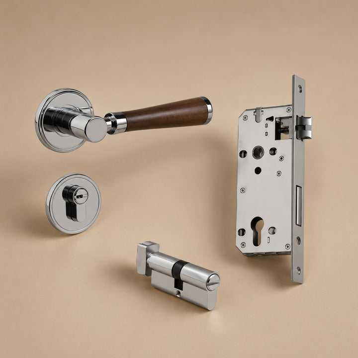 Modern Brass Door Handle Set with Circular Knob and Wood-Inspired Finish for Contemporary Interiors