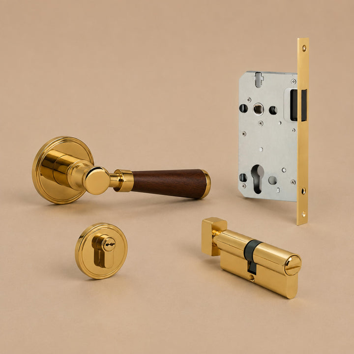 Modern Brass Door Handle Set with Circular Knob and Wood-Inspired Finish for Contemporary Interiors
