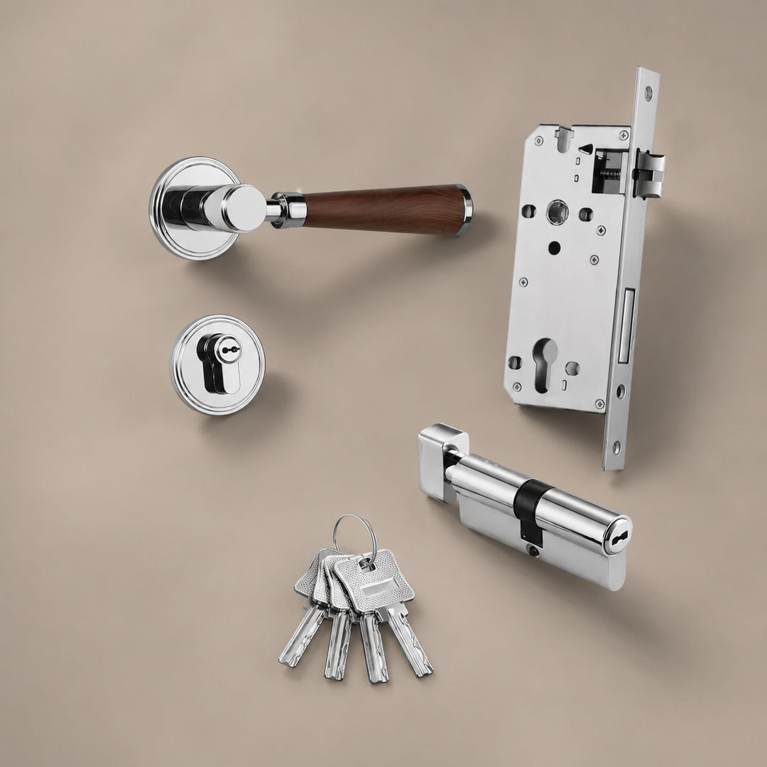 Modern Brass Door Handle Set with Circular Knob and Wood-Inspired Finish for Contemporary Interiors