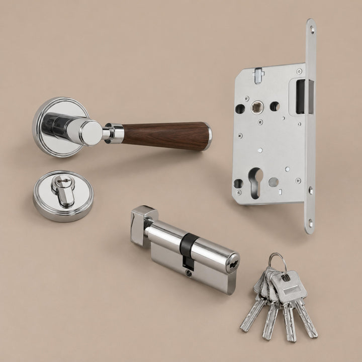 Modern Brass Door Handle Set with Circular Knob and Wood-Inspired Finish for Contemporary Interiors