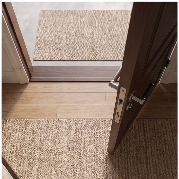 Modern Brass Door Handle Set with Circular Knob and Wood-Inspired Finish for Contemporary Interiors