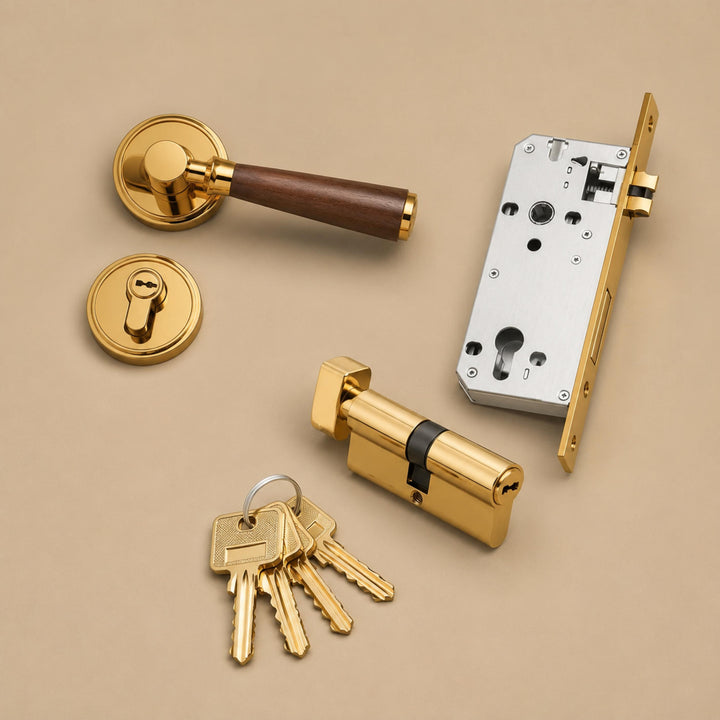 Modern Brass Door Handle Set with Circular Knob and Wood-Inspired Finish for Contemporary Interiors