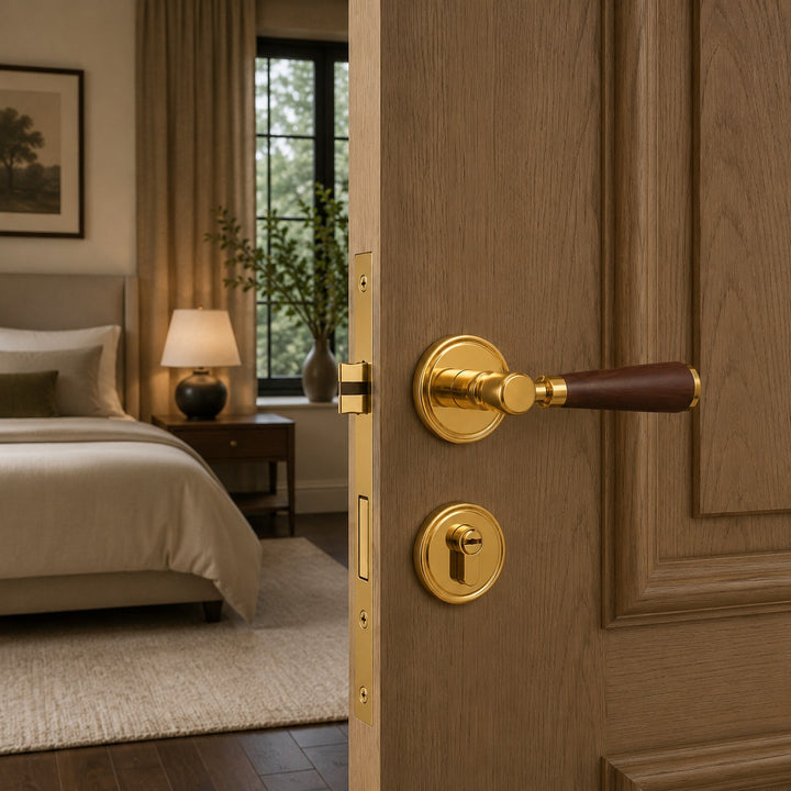 Modern Brass Door Handle Set with Circular Knob and Wood-Inspired Finish for Contemporary Interiors