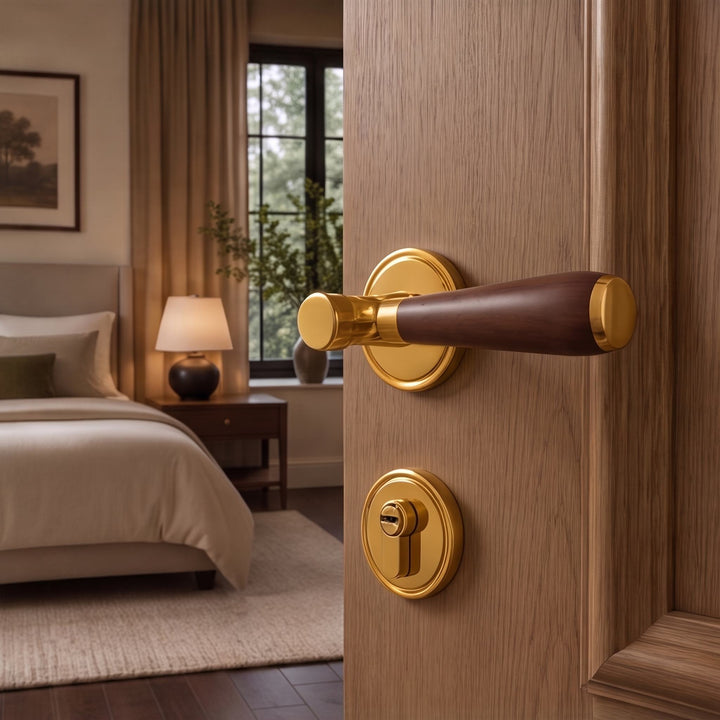 Modern Brass Door Handle Set with Circular Knob and Wood-Inspired Finish for Contemporary Interiors