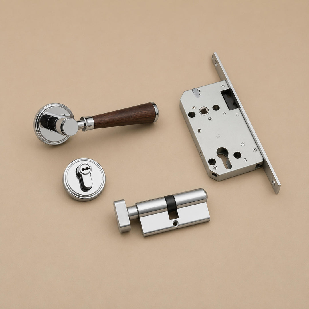 Modern Brass Door Handle Set with Circular Knob and Wood-Inspired Finish for Contemporary Interiors