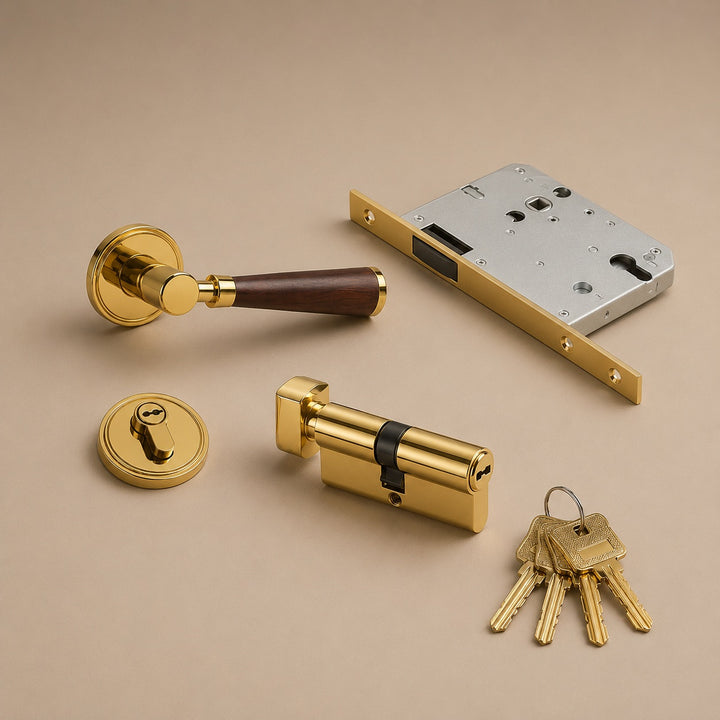 Modern Brass Door Handle Set with Circular Knob and Wood-Inspired Finish for Contemporary Interiors