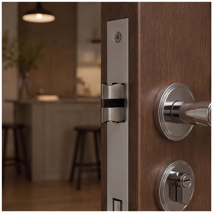 Modern Brass Door Handle Set with Circular Knob and Wood-Inspired Finish for Contemporary Interiors