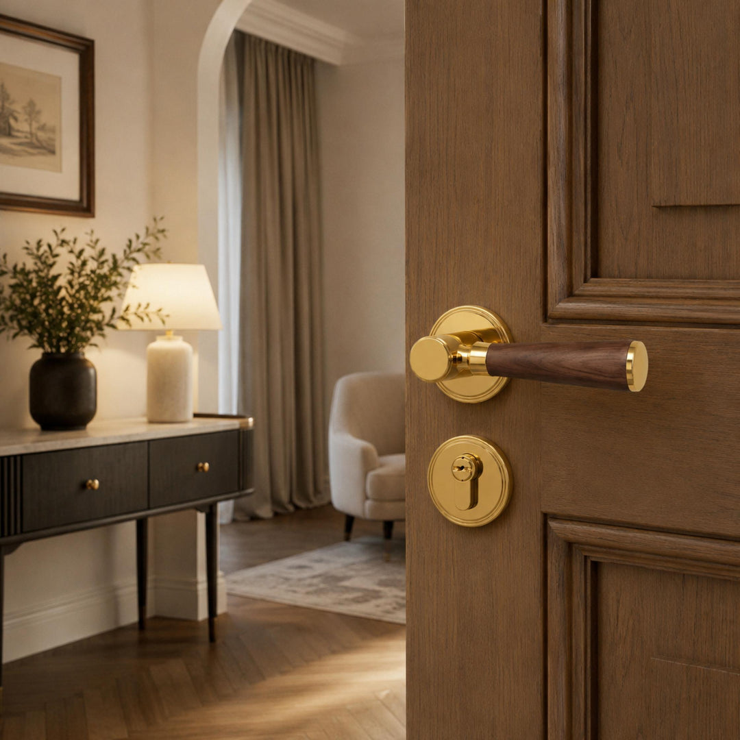 Modern Brass Door Handle Set with Circular Knob and Wood-Inspired Finish for Contemporary Interiors