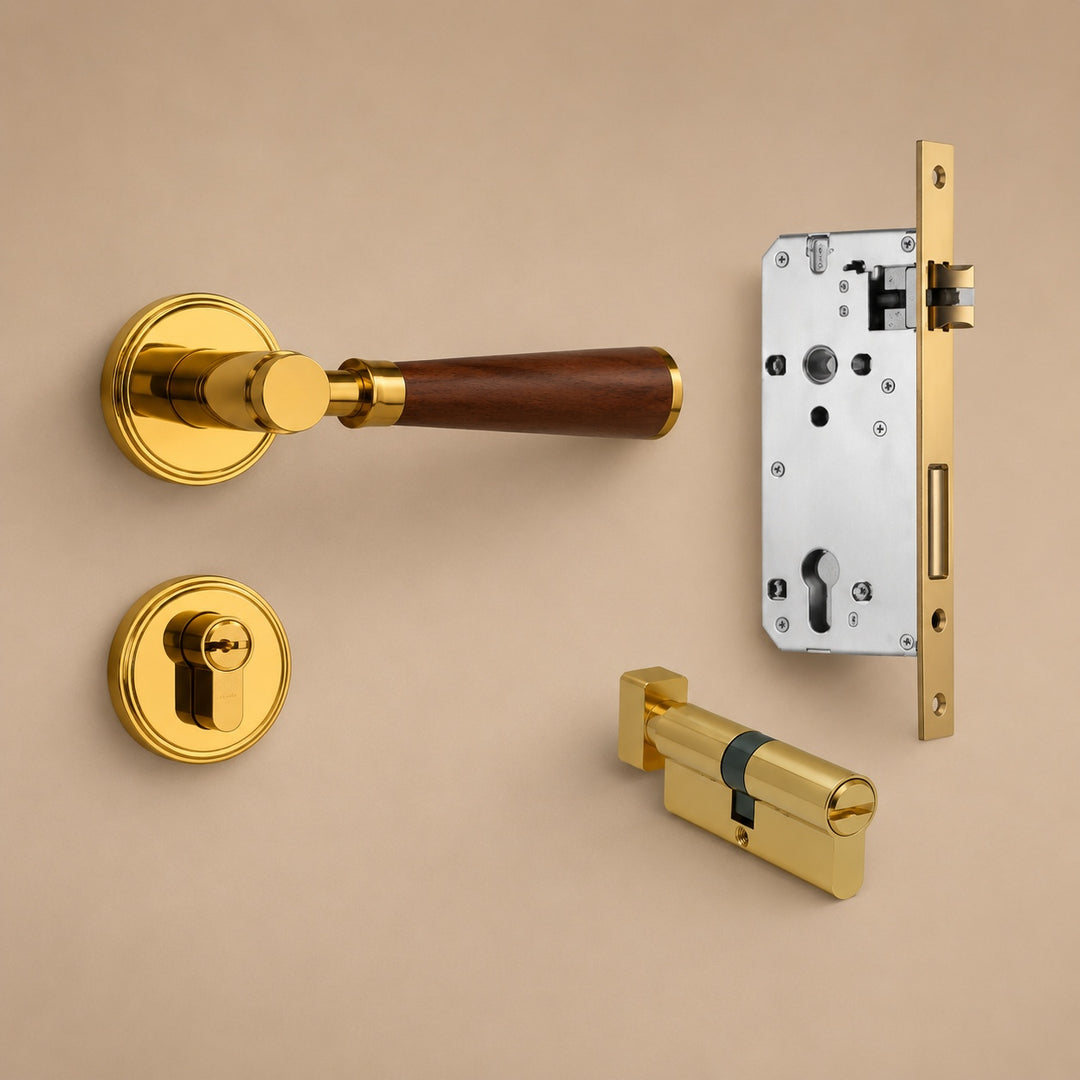 Modern Brass Door Handle Set with Circular Knob and Wood-Inspired Finish for Contemporary Interiors