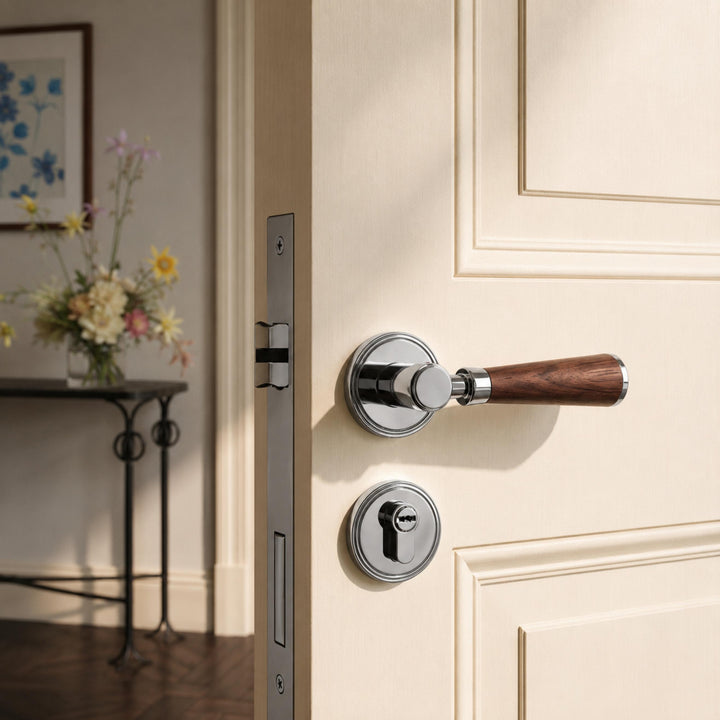 Modern Brass Door Handle Set with Circular Knob and Wood-Inspired Finish for Contemporary Interiors
