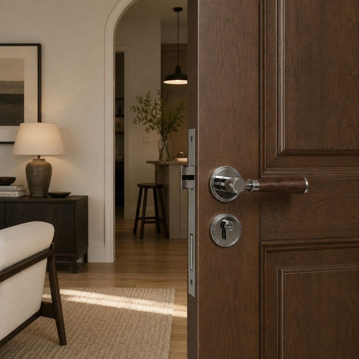 Modern Brass Door Handle Set with Circular Knob and Wood-Inspired Finish for Contemporary Interiors
