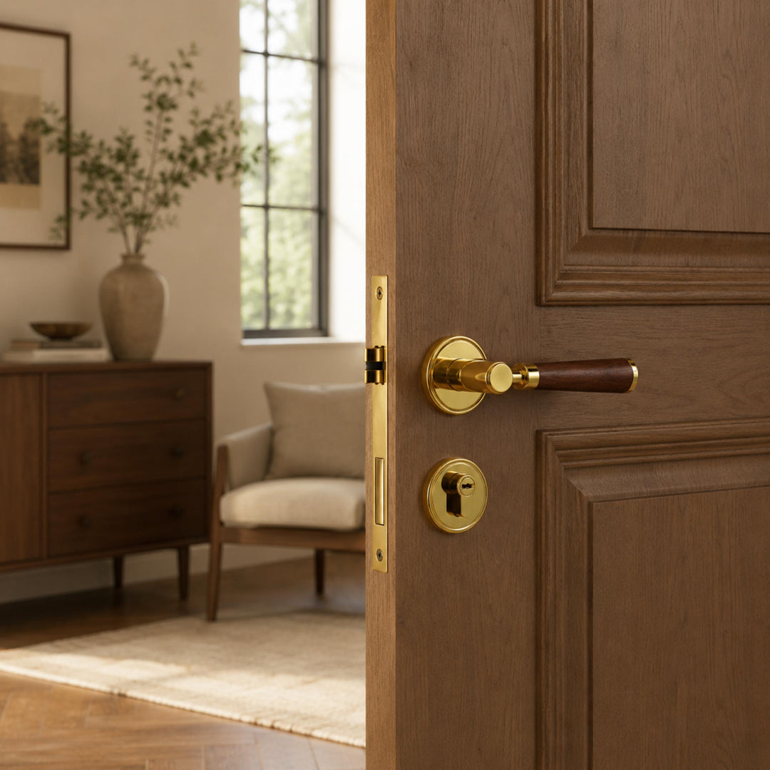 Modern Brass Door Handle Set with Circular Knob and Wood-Inspired Finish for Contemporary Interiors