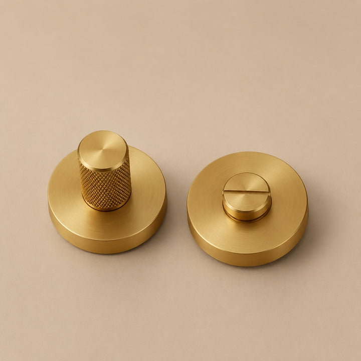 Modern Brass Door Handle Set with Knurled Grip and Circular Base for Internal Doors