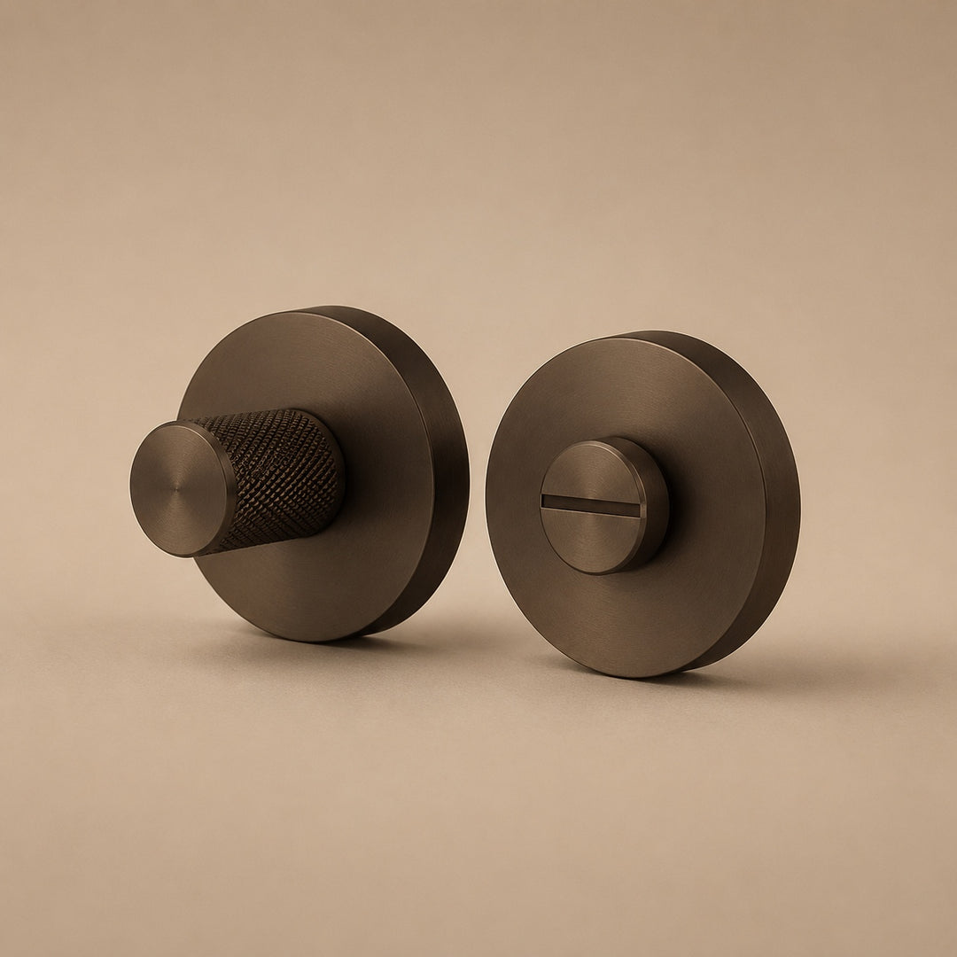 Modern Brass Door Handle Set with Knurled Grip and Circular Base for Internal Doors