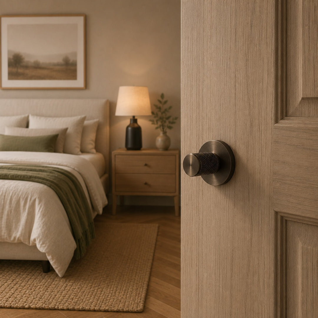 Modern Brass Door Handle Set with Knurled Grip and Circular Base for Internal Doors
