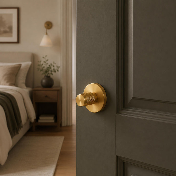 Modern Brass Door Handle Set with Knurled Grip and Circular Base for Internal Doors