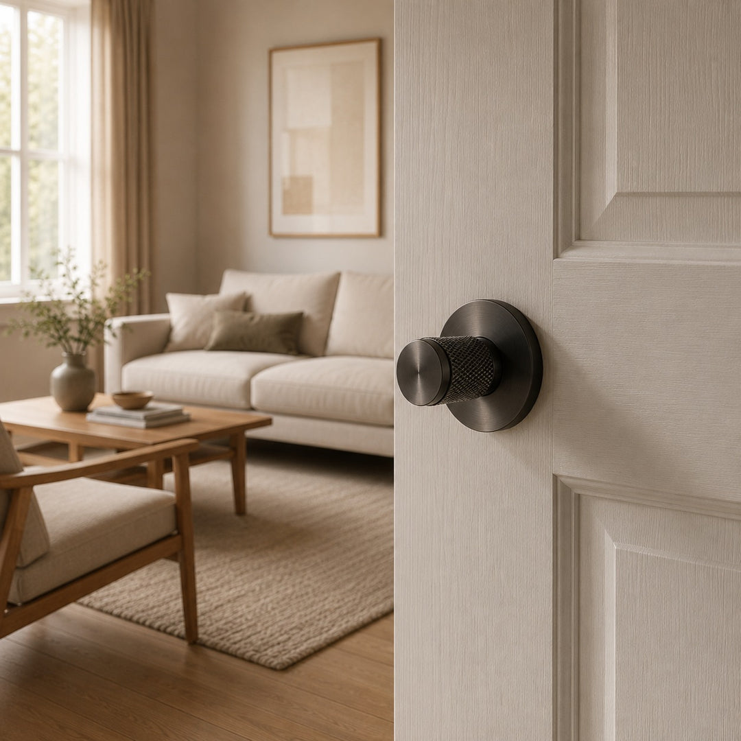 Modern Brass Door Handle Set with Knurled Grip and Circular Base for Internal Doors