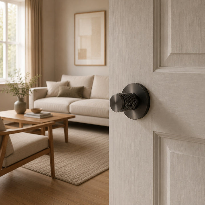 Modern Brass Door Handle Set with Knurled Grip and Circular Base for Internal Doors