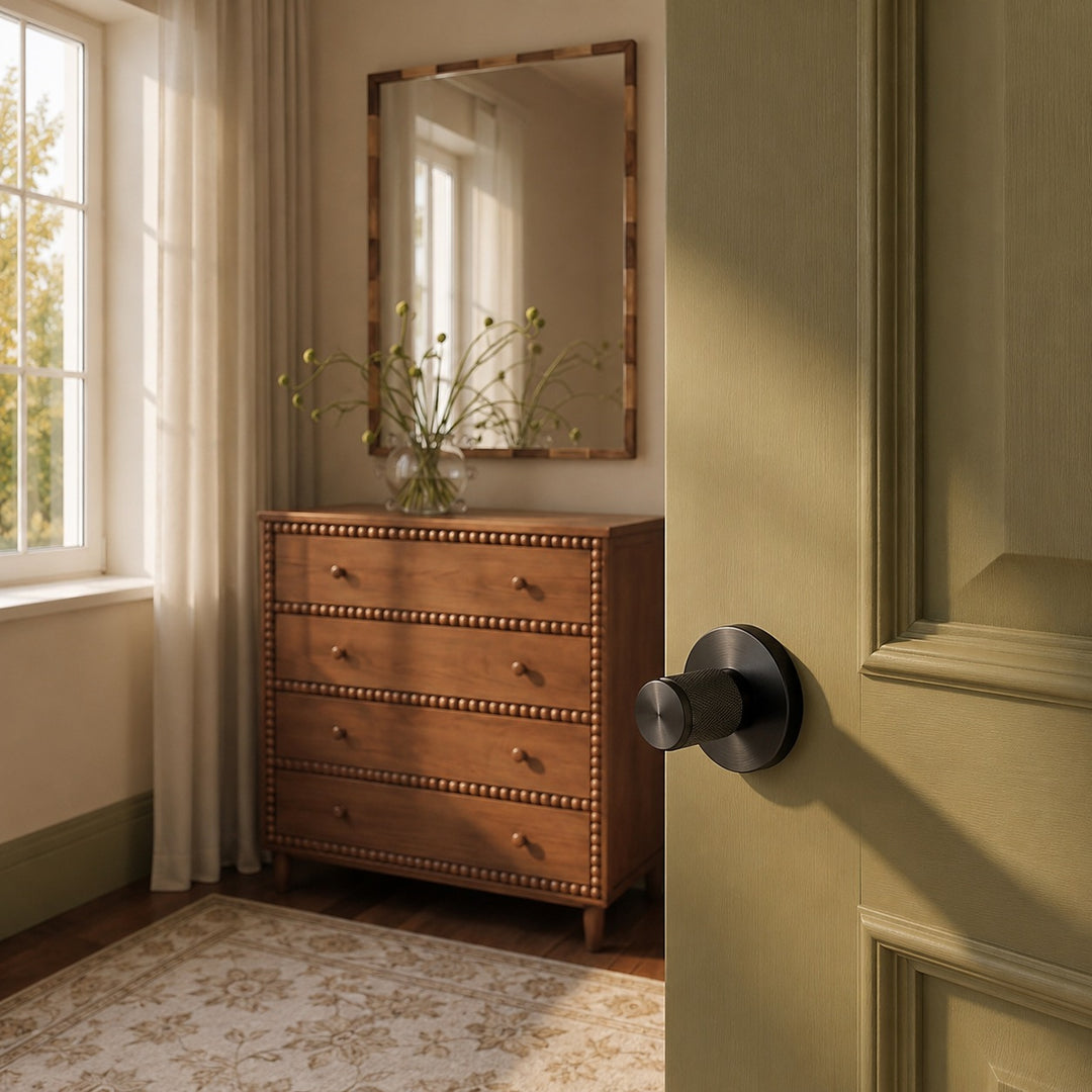 Modern Brass Door Handle Set with Knurled Grip and Circular Base for Internal Doors