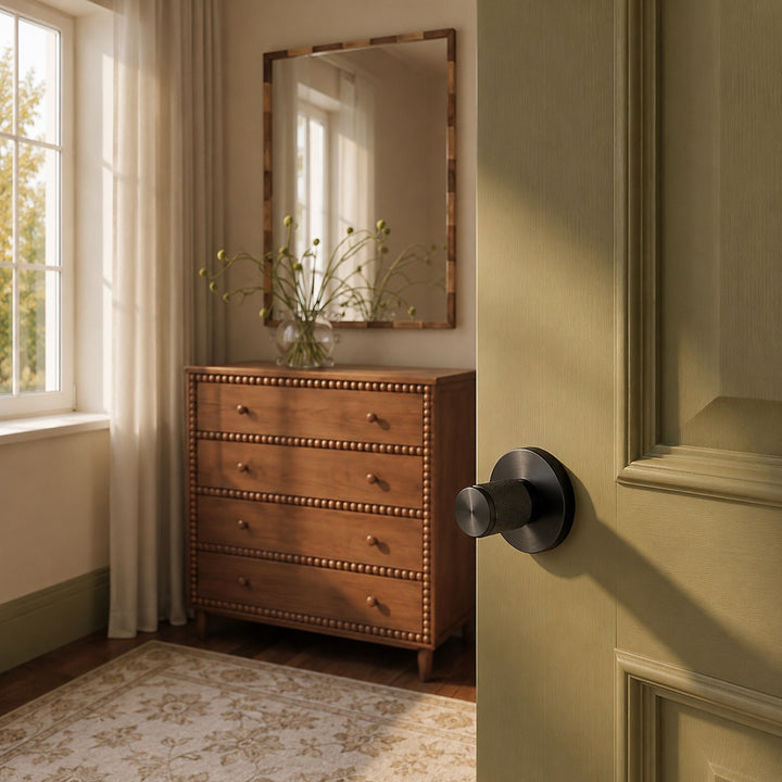 Modern Brass Door Handle Set with Knurled Grip and Circular Base for Internal Doors