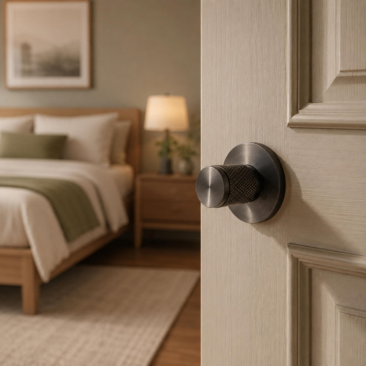Modern Brass Door Handle Set with Knurled Grip and Circular Base for Internal Doors